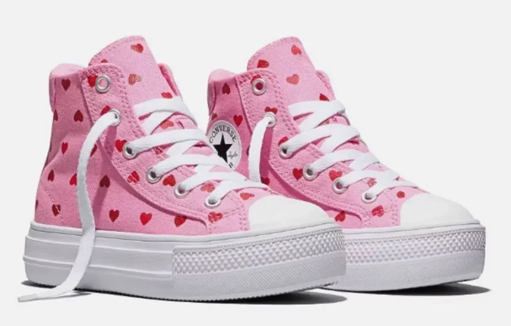 Converse Kids' Platform High Top Sneakers Youth Size 6 EUR 38.5 Pink Hearts NWT